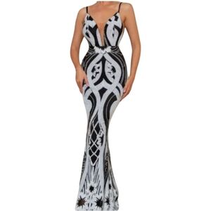 White/Black Sequined Illusion Plunge Mesh V Neck/Sides Mermaid Gown